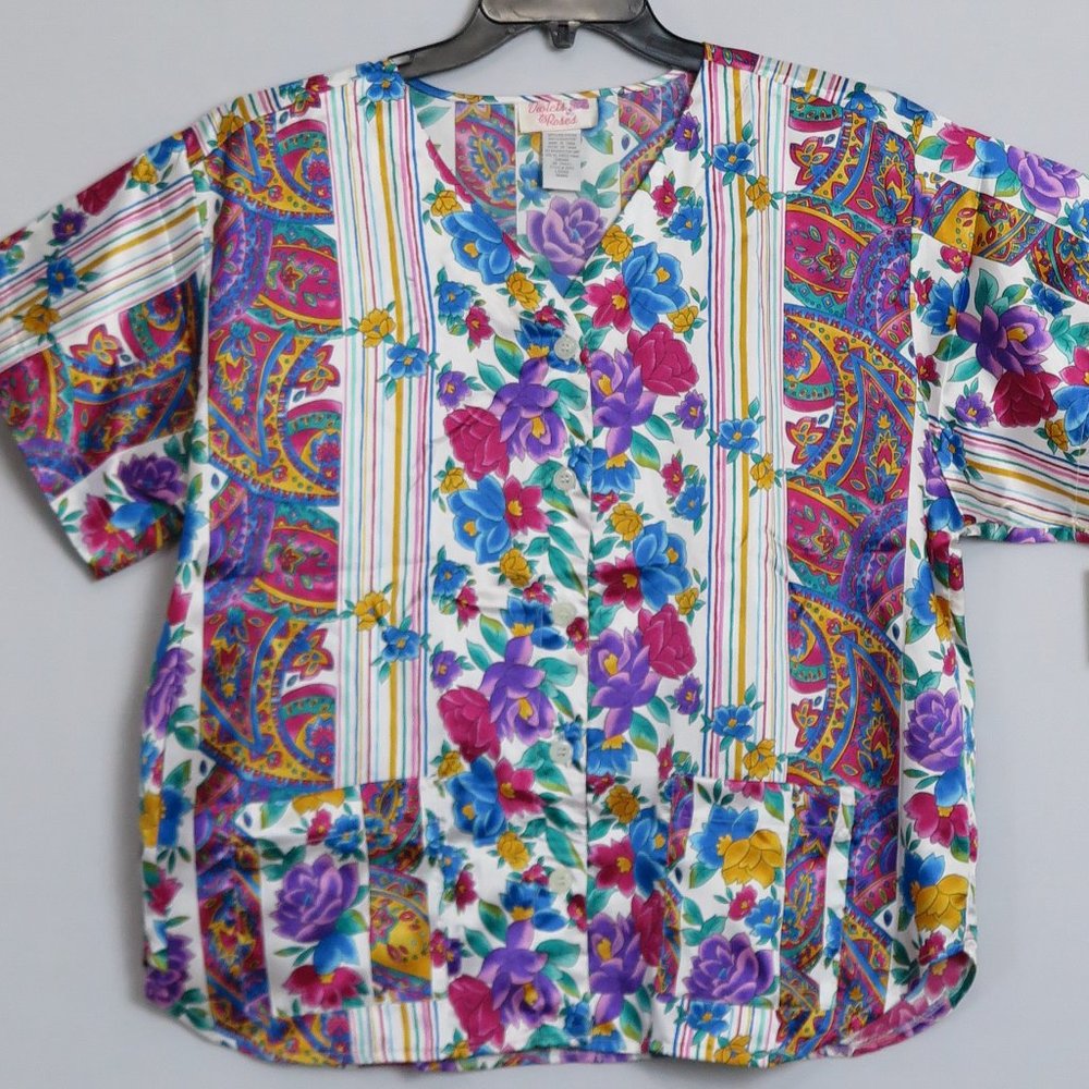 NWT Violets & Roses Multi-Color Floral Print Short Sleeve Tunic w/Pockets Size L - Picture 2 of 7